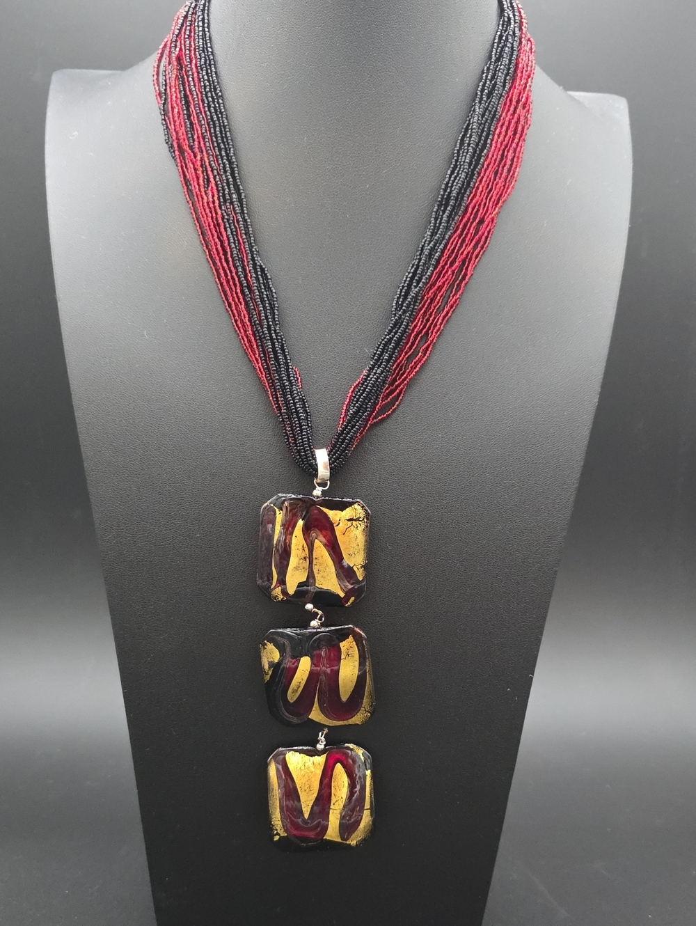 Murano Black, Red & Gold Glass Pendant Multi-Strand Necklace